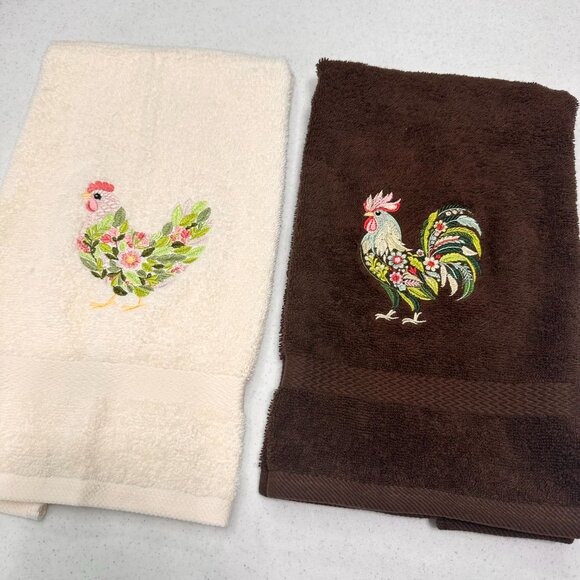 Chicken Towels Embroidered Hand Towel Set Hen Rooster Bathroom Home Farm Decor - Picture 3 of 13